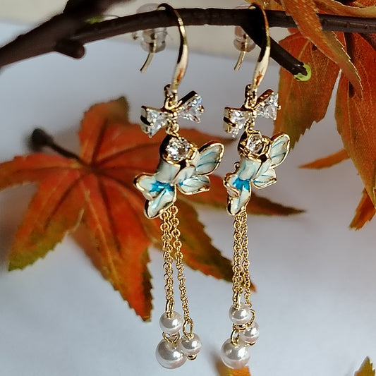 CZ Blue Lotus Danglers with Pearl Beads on Maple Branch