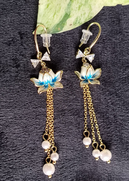Blue Lotus Danglers with CZ and Pearl Beads