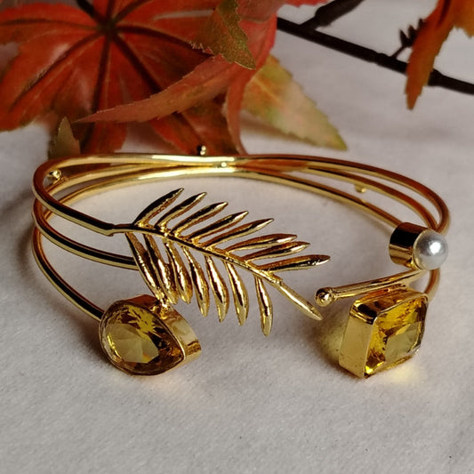 Palm Leaf Yellow Crystal Hand Cuff with Pearl