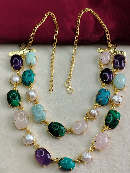 Double Layered Semi-precious Stone Neckpiece with Earrings