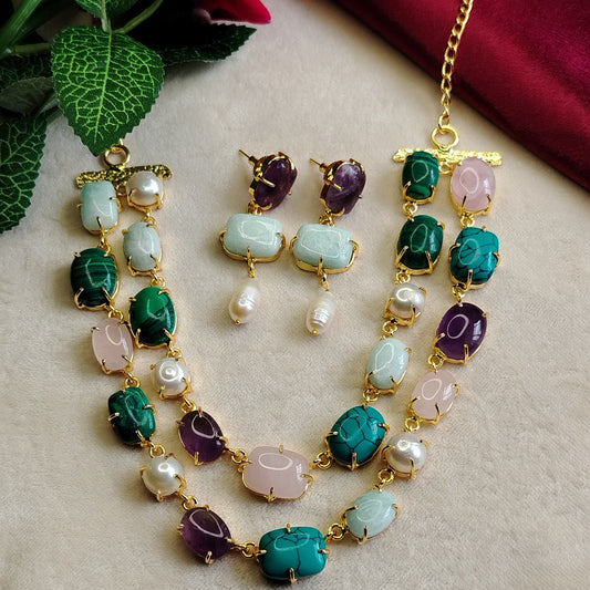 Double Layered Semi-precious Stone Neckpiece with Earrings