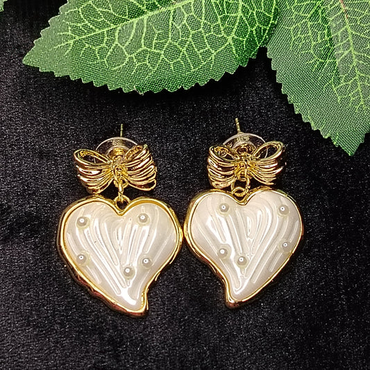 Pearl White Heart Korean Earrings on Bow Tops