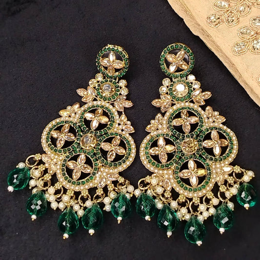 Ornate Gold and Green Floral Earrings on Dark Background
