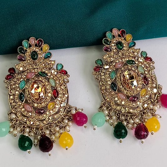 Pair of Ornate Earrings with Multicolor Beads and Kundan