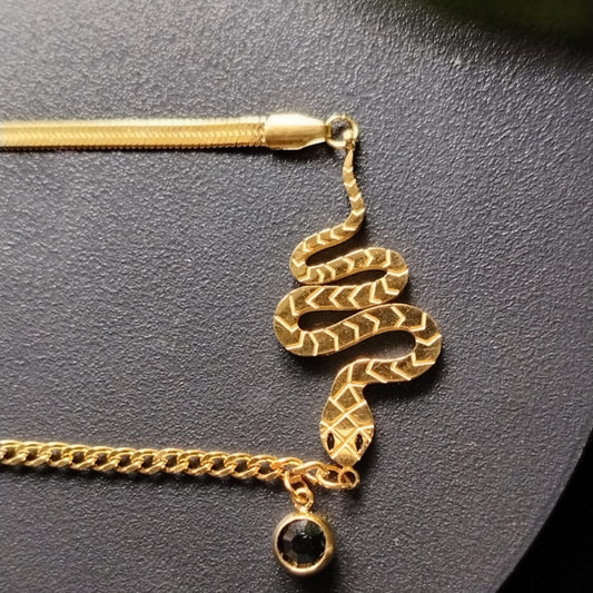 Half and Half Snake Chain with Snake Pendant and Black Crystal Charms