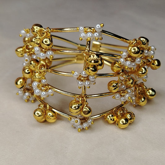 Multilayered Golden Bracelet with Golden and Pearl Beads