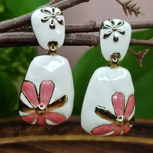 White Base Pink Floral Earrings on Branch