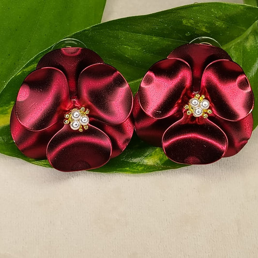 Maroon Broad Petal Flower Studs with Pearl Beads in the Centre