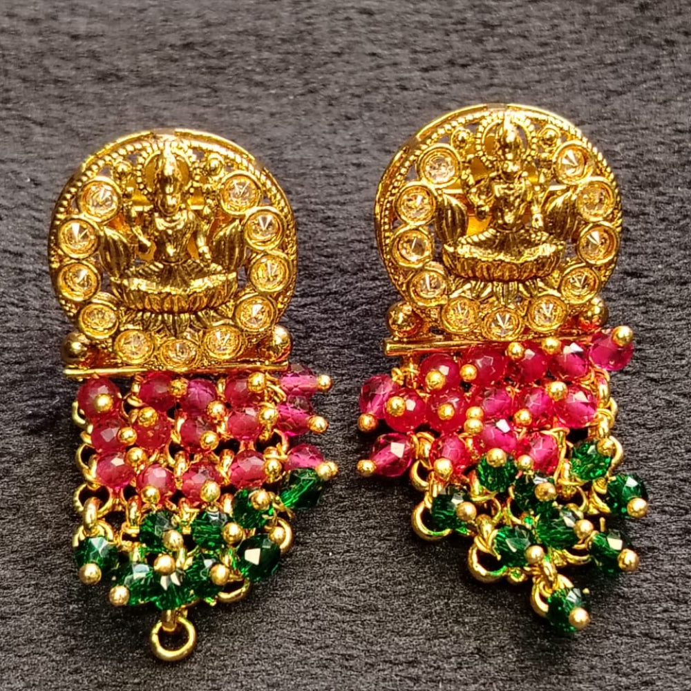Laxmi Motif Earrings with Red and Green Hydro-beads on Textured Background