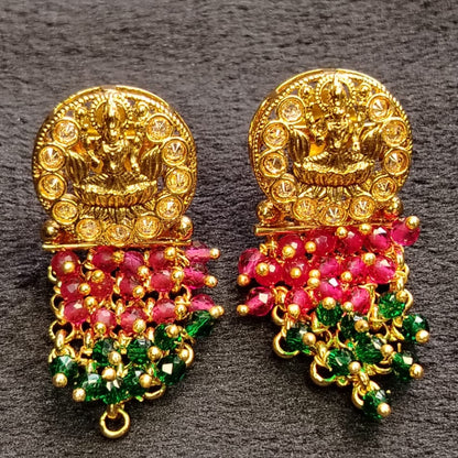 Laxmi Motif Earrings with Red and Green Hydro-beads on Textured Background
