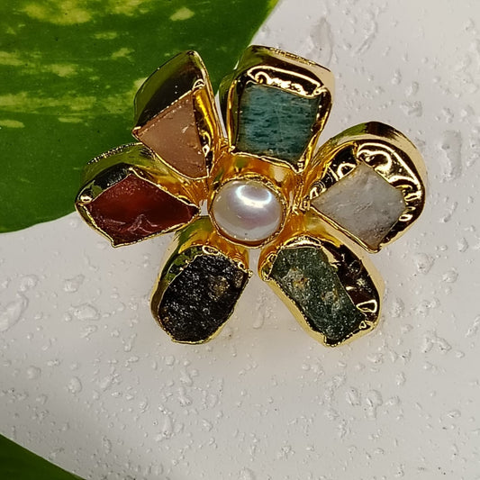 Floral Natural Pearl Ring with Natural Stones on a White Background