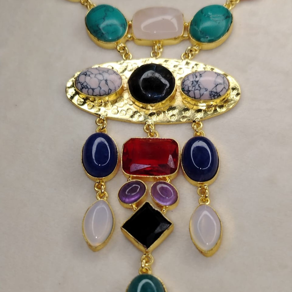 Colorful Pendant with Natural Stones on a Beige Background