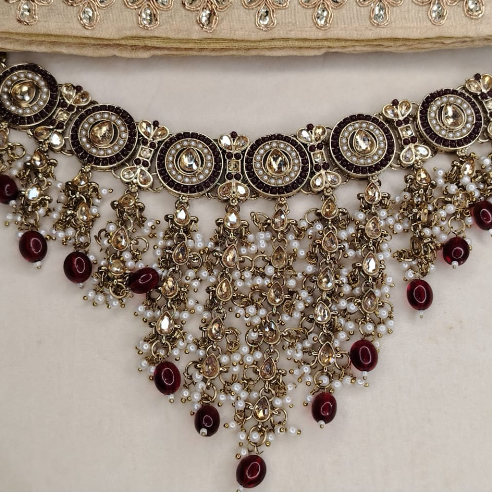 Waterfall Design Ornate Necklace Maroon Beads adn Kundan