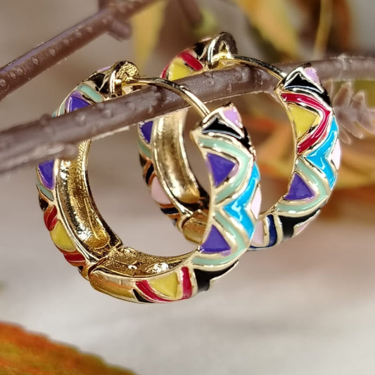Colorful Enamel hoop earrings with golden frame on a branch