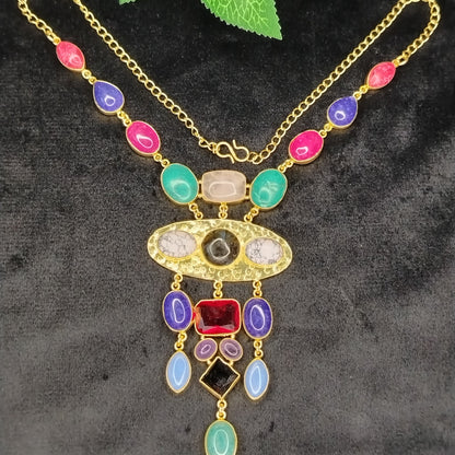 Semi-precious Stone Broad Pendant Necklace on a Black Background