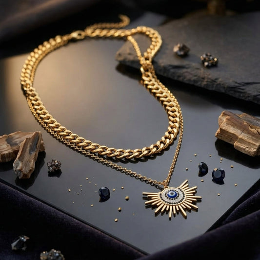 A gold-toned double-strand necklace featuring a thick curb chain and a delicate chain with a sunburst pendant containing a blue evil eye motif, displayed on a dark reflective surface with decorative stones and fabric.
