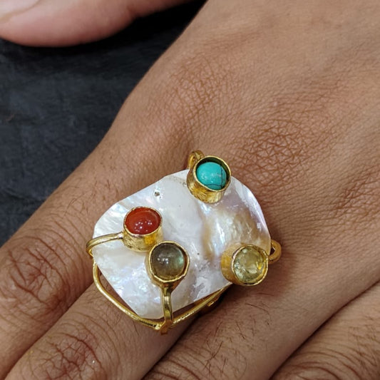 MOdel Wearing Ring with Natureal Pearl and Colorful Gemstones